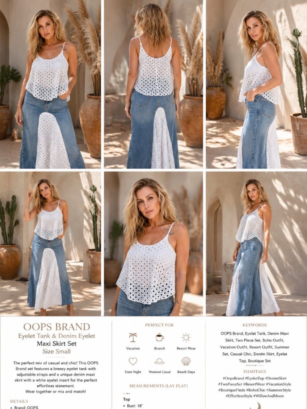 OOPS White Eyelet Tank & Denim Maxi Skirt Set Small Boho Coastal Cottagecore